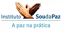 Logo do Instituto Sou da Paz com duas mãos, uma branca e uma negra, entrelaçadas formando uma pomba